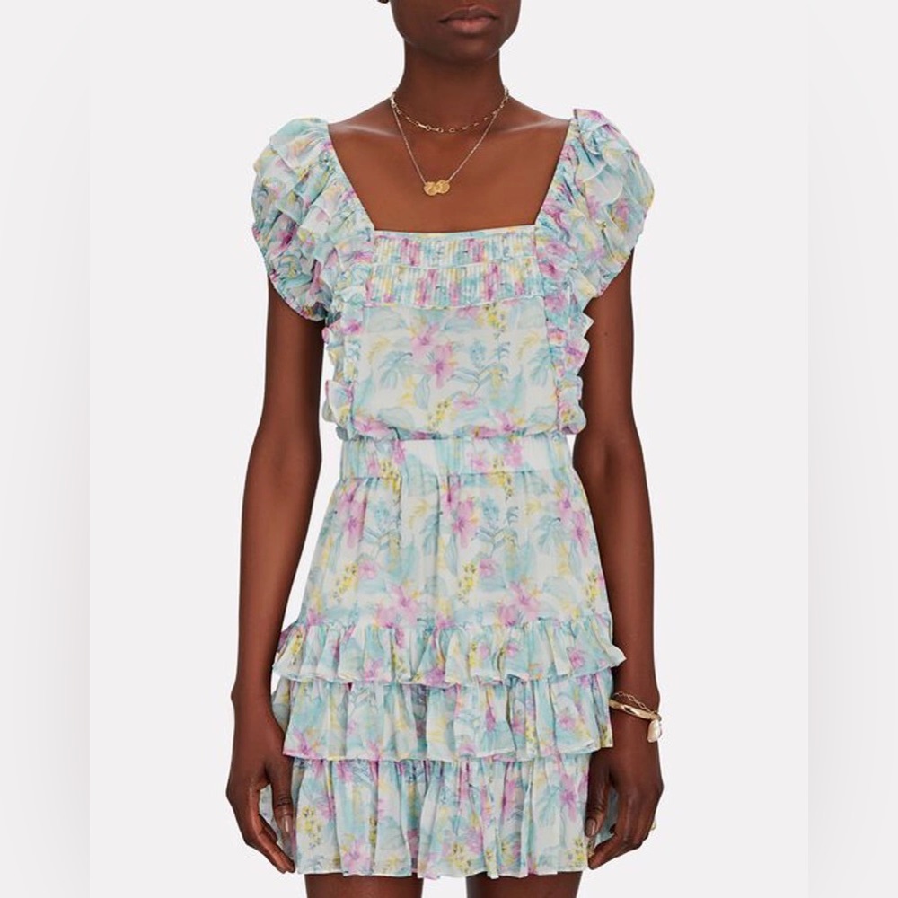 LoveShackFancy x Intermix Exclusive Ivorie Viscose Floral Ruffle Mini Dr…